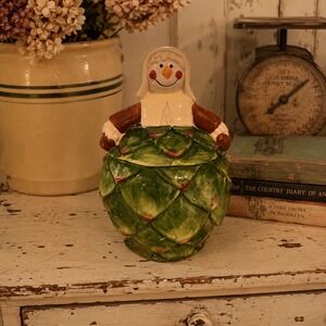 Vintage WCL Artichoke Pilgrim Scarecrow Ceramic Canister Cookie Jar 1970s 8.5"
